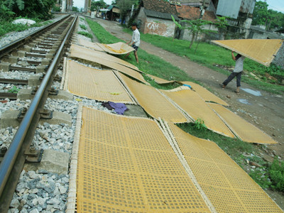 Những phên miến phơi cạnh đường xe lửa hứng đủ mọi thứ nước thải từ toilet của các đoàn tàu chạy qua