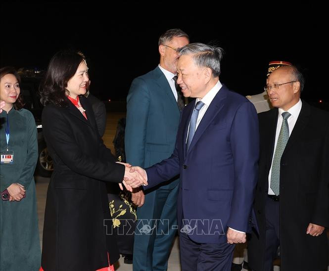 Đại sứ Việt Nam tại Pháp Đinh Toàn Thắng, Đại sứ Nguyễn Thị Vân Anh, Đại diện Thường trú của Việt Nam bên cạnh UNESCO tại Pháp đón Tổng Bí thư, Chủ tịch nước Tô Lâm tại sân bay Orly ở thủ đô Paris, Cộng hòa Pháp. (Ảnh: Trí Dũng/TTXVN)