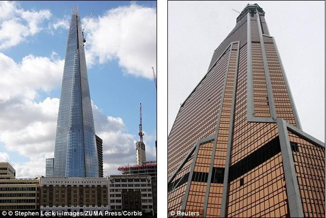 Tòa nhà Shard (trái) của London, Anh sắp bị tuột mất danh hiệu tòa nhà cao nhất châu Âu bởi tòa nhà Mercury City (phải)
