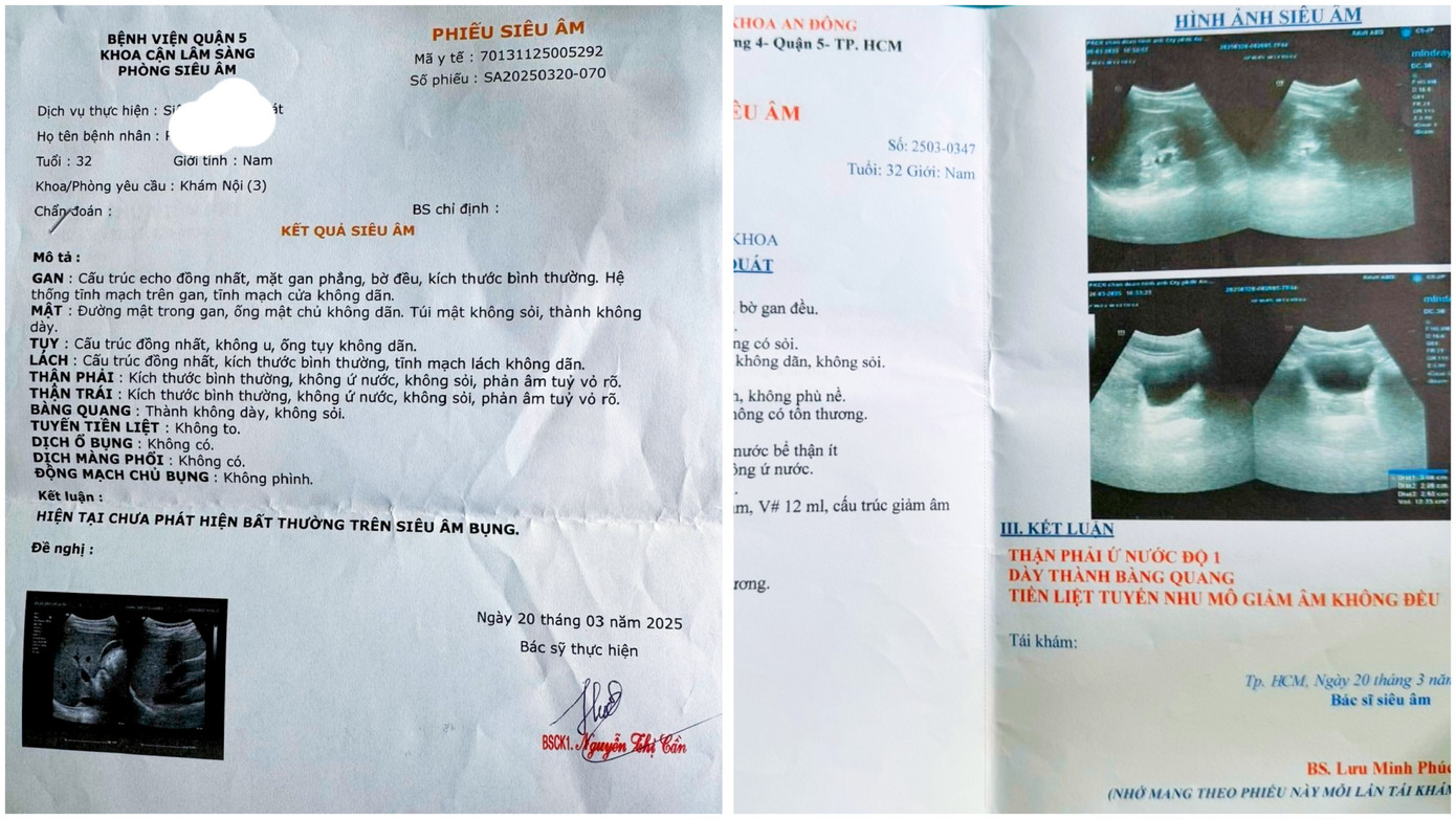 Bệnh viện quận 5 kết luận bệnh nhân Phan N. H. siêu âm bụng vào ngày 20/3 có các chỉ số bình thường nhưng cùng ngày Phòng khám đa khoa An Đông lại cho ra kết quả ngược lại “thận ứ nước, thành dày bàng quang và tiền liệt tuyến giảm âm không đều”. Bệnh viện quận 5 kết luận bệnh nhân Phan N. H. siêu âm bụng vào ngày 20/3 có các chỉ số bình thường nhưng cùng ngày Phòng khám đa khoa An Đông lại cho ra kết quả ngược lại “thận ứ nước, thành dày bàng quang và tiền liệt tuyến giảm âm không đều”.