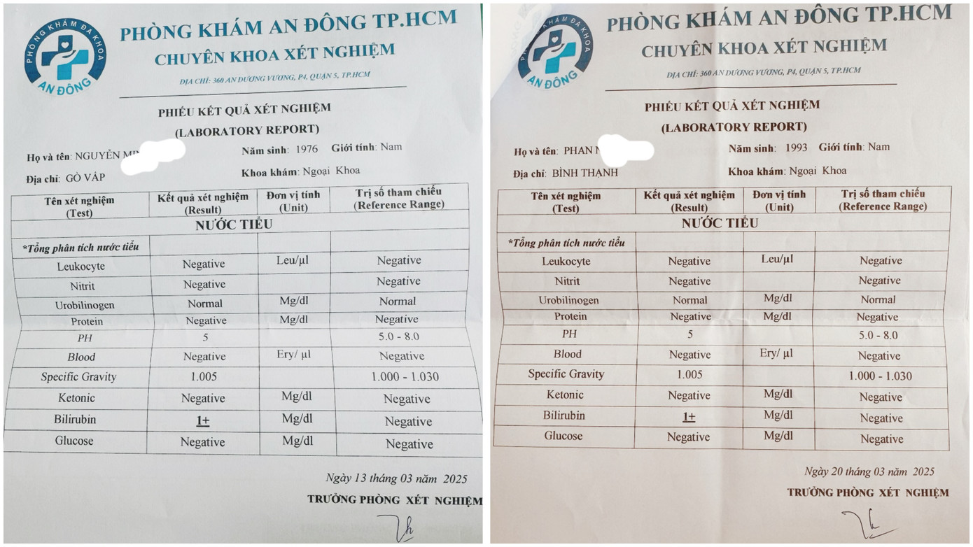 Nước tiểu của 2 bệnh nhân cũng có kết quả “y chang” nhau đến khó tin- ảnh P.V Nước tiểu của 2 bệnh nhân cũng có kết quả “y chang” nhau đến khó tin- ảnh P.V