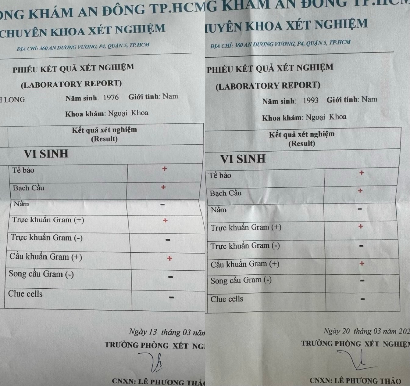 Kết qủa xét nghiệm vi sinh tế bào của hai người bệnh cũng "y chang" nhau - ảnh P.V Kết qủa xét nghiệm vi sinh tế bào của hai người bệnh cũng "y chang" nhau - ảnh P.V