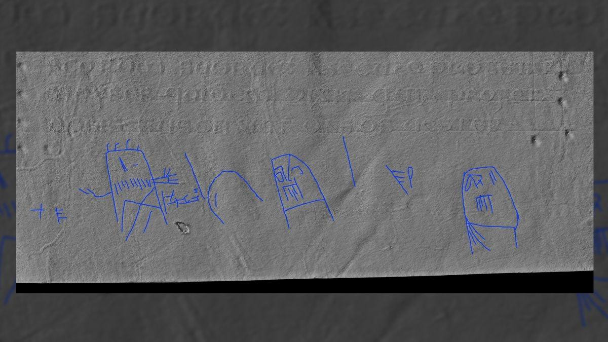 Bức vẽ không dùng mực thể hiện một người dang rộng cánh tay với một người khác đang giơ tay.