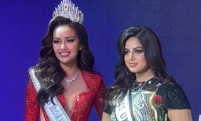 Ngọc Châu và đương kim Miss Universe 2021 - Harnaaz Shandu.