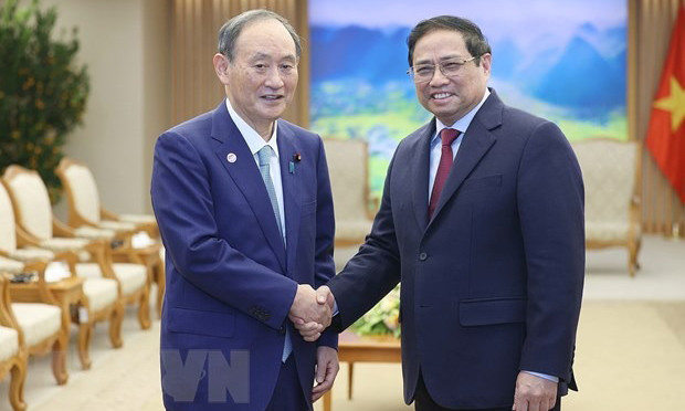 Thủ tướng Phạm Minh Chính tiếp nguyên Thủ tướng Nhật Bản Suga Yoshihide. (Ảnh: Dương Giang/TTXVN). Thủ tướng Phạm Minh Chính tiếp nguyên Thủ tướng Nhật Bản Suga Yoshihide. (Ảnh: Dương Giang/TTXVN).