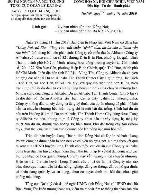 Tổng cục đất đai vào cuộc vụ công ty Alibaba bán...'bánh vẽ' ảnh 2
