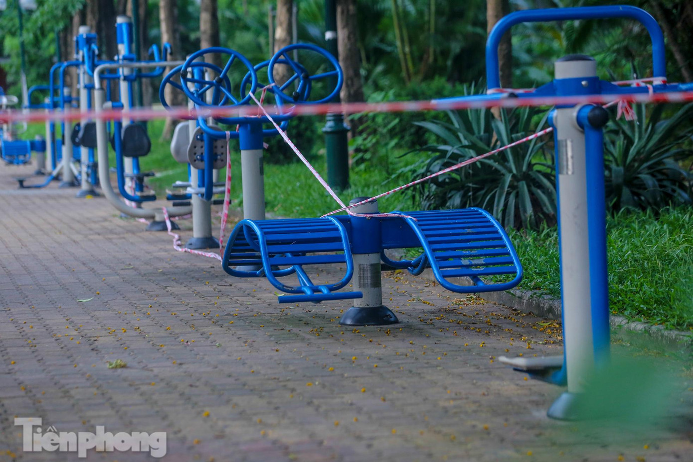 Các thiết bị tập thể dục bị giăng dây trong một khu rèn luyện thể thao ngoài trời.