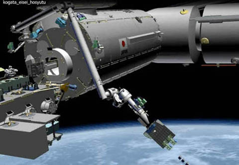 Mô hình mô phỏng các vệ tinh nhỏ, trong đó có F-1, được thả ra ngoài không gian bằng cánh tay robot từ trạm vũ trụ