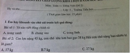 2 bài tập, cùng các đáp án trong đề thi "Toán - Văn" được đưa ra cho học sinh lớp 2, của một trường tiểu học (?) giải . 2 bài tập, cùng các đáp án trong đề thi