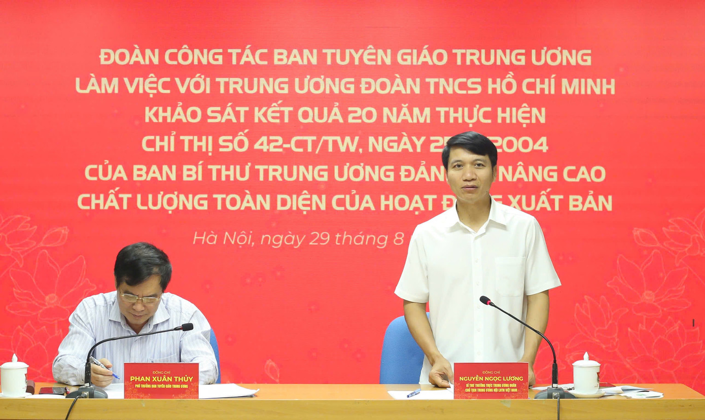 Bí thư thường trực T.Ư Đoàn, Chủ tịch Hội LHTN Việt Nam Nguyễn Ngọc Lương phát biểu tại buổi làm việc.