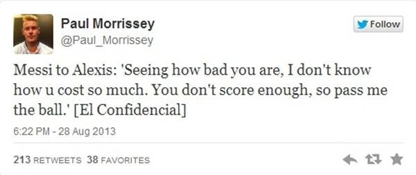 Tương tự là lời mỉa mai Messi dành cho Alexis Sanchez. Tương tự là lời mỉa mai Messi dành cho Alexis Sanchez