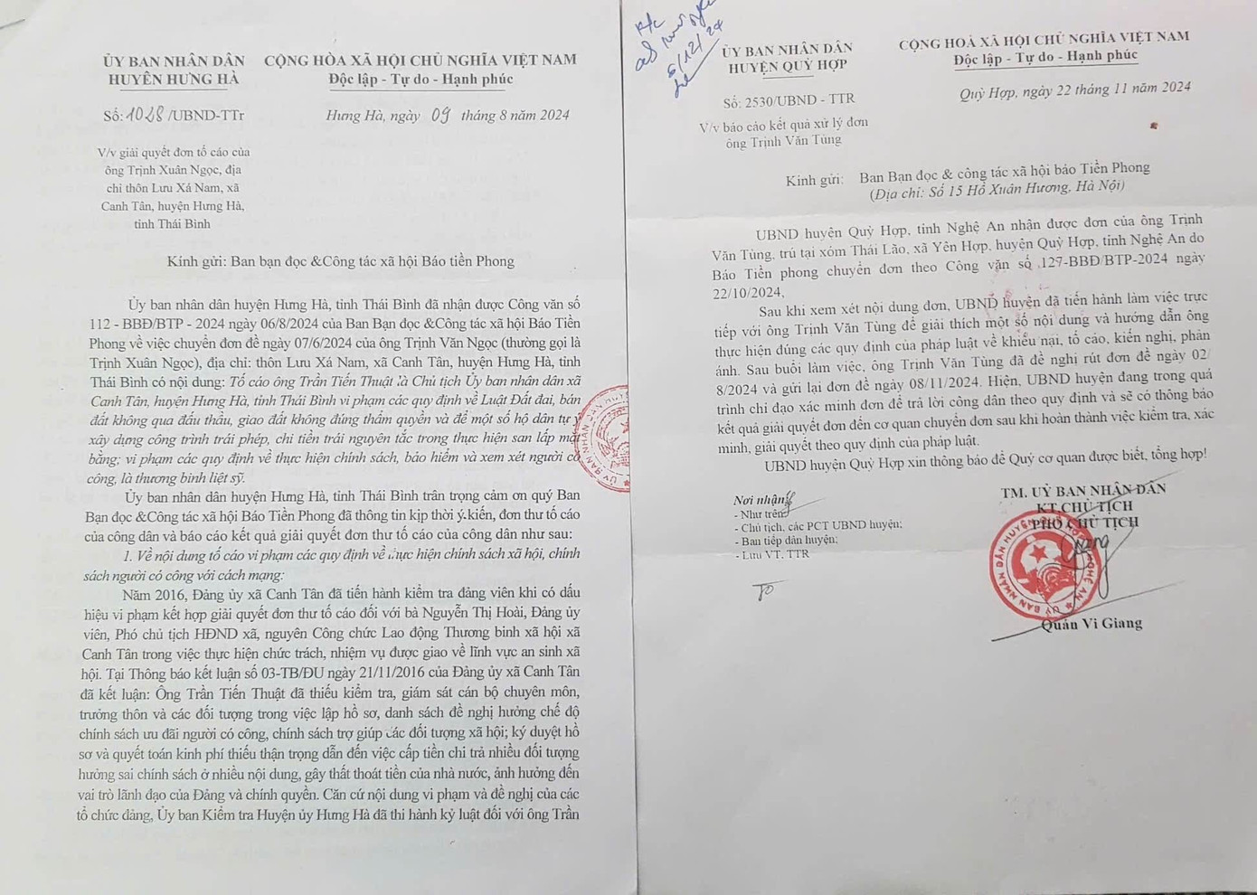 Một số văn bản trả lời báo Tiền Phong của các cơ quan chức năng