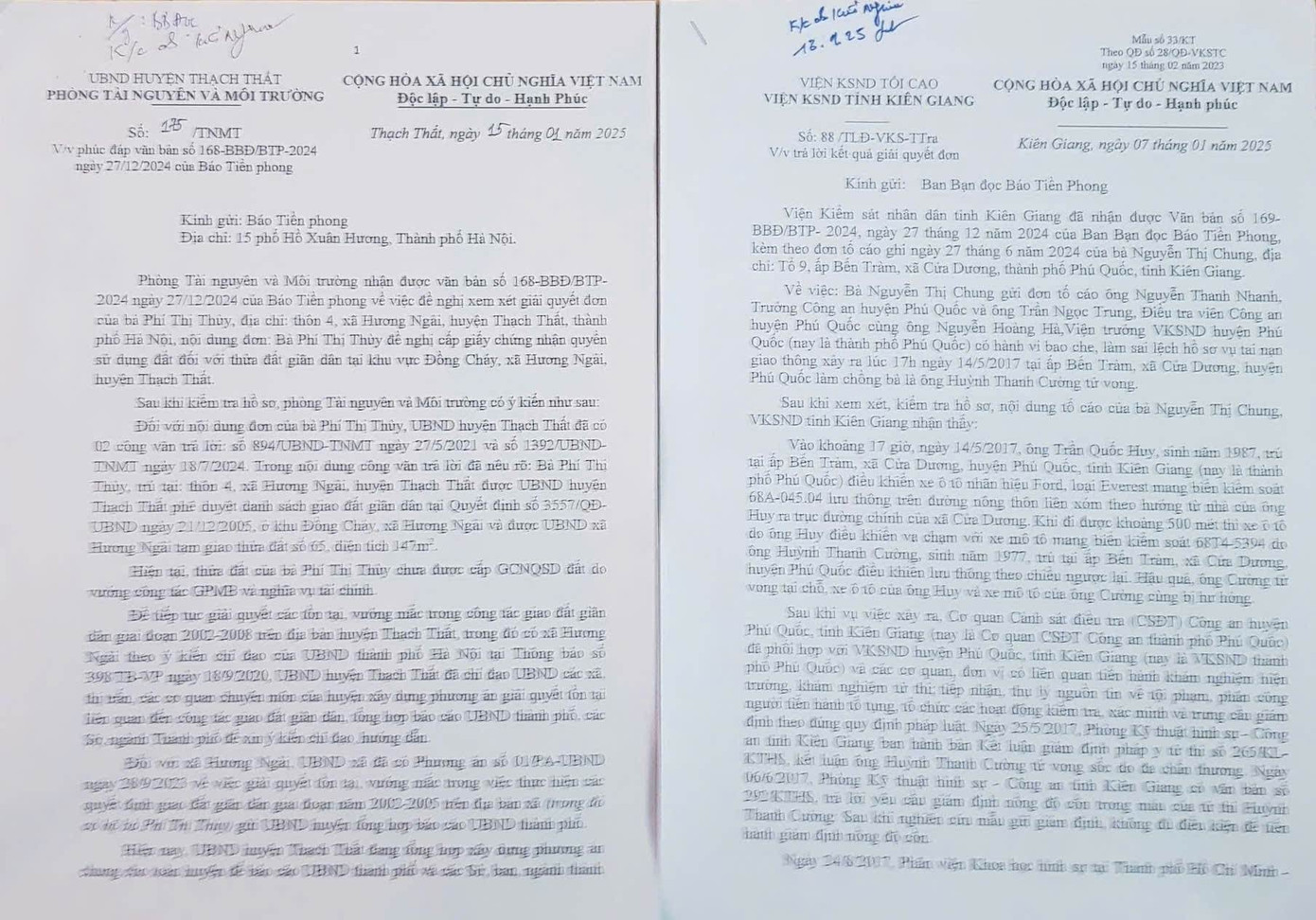 Một số văn bản trả lời báo Tiền Phong của các cơ quan chức năng