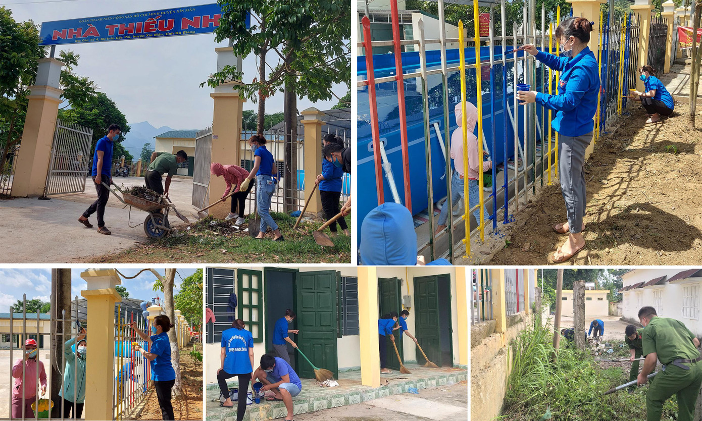 Tại huyện Xín Mần, đoàn viên thanh niên đã chỉnh trang khuôn viên sân chơi thiếu nhi, sơn hàng rào quanh nhà thiếu nhi. Đây là phần việc thiết thực góp phần hoàn thiện Nhà thiếu nhi huyện sẽ bàn giao dịp1/6 - Tết thiếu nhi 2021 - Công trình chào mừng thành công bầu cử đại biểu Quốc hội khóa XV và HĐND các cấp nhiệm kỳ 2021-2026.