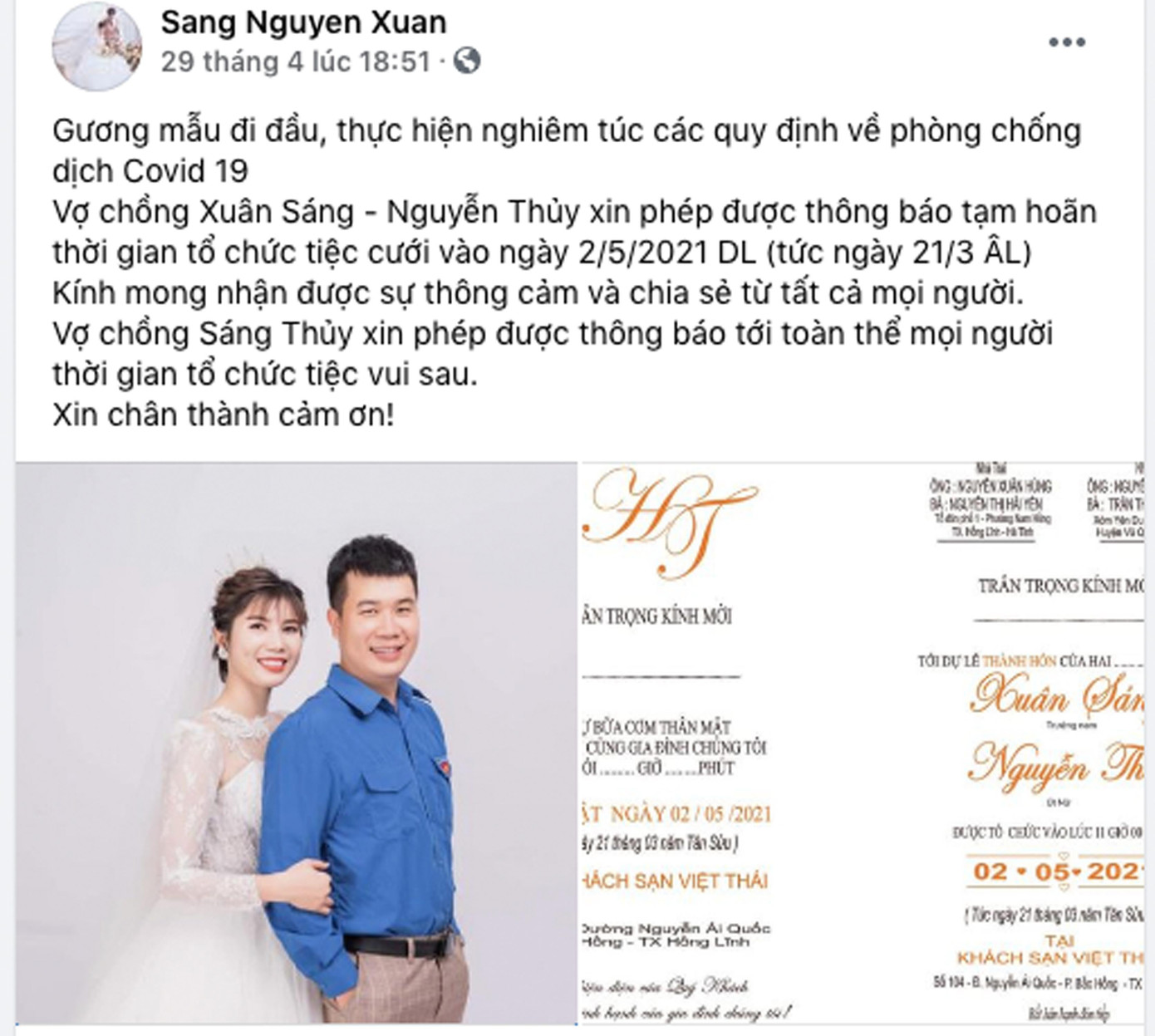 Anh Sáng thông báo việc hoãn cưới trên trang Facebook cá nhân