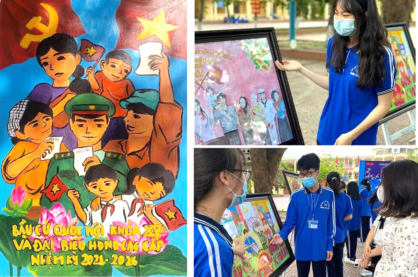 Đoàn viên thanh niên giới thiệu các tác phẩm trưng bày tại triển lãm. Ảnh: TĐHP