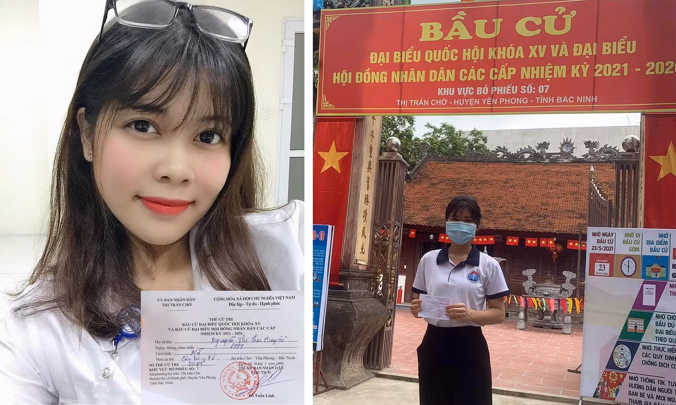 Nguyễn Thị Thu Huyền thực hiện quyền và nghĩa vụ bầu cử tại nơi đang chống dịch trong sáng 23/5. Ảnh: NVCC