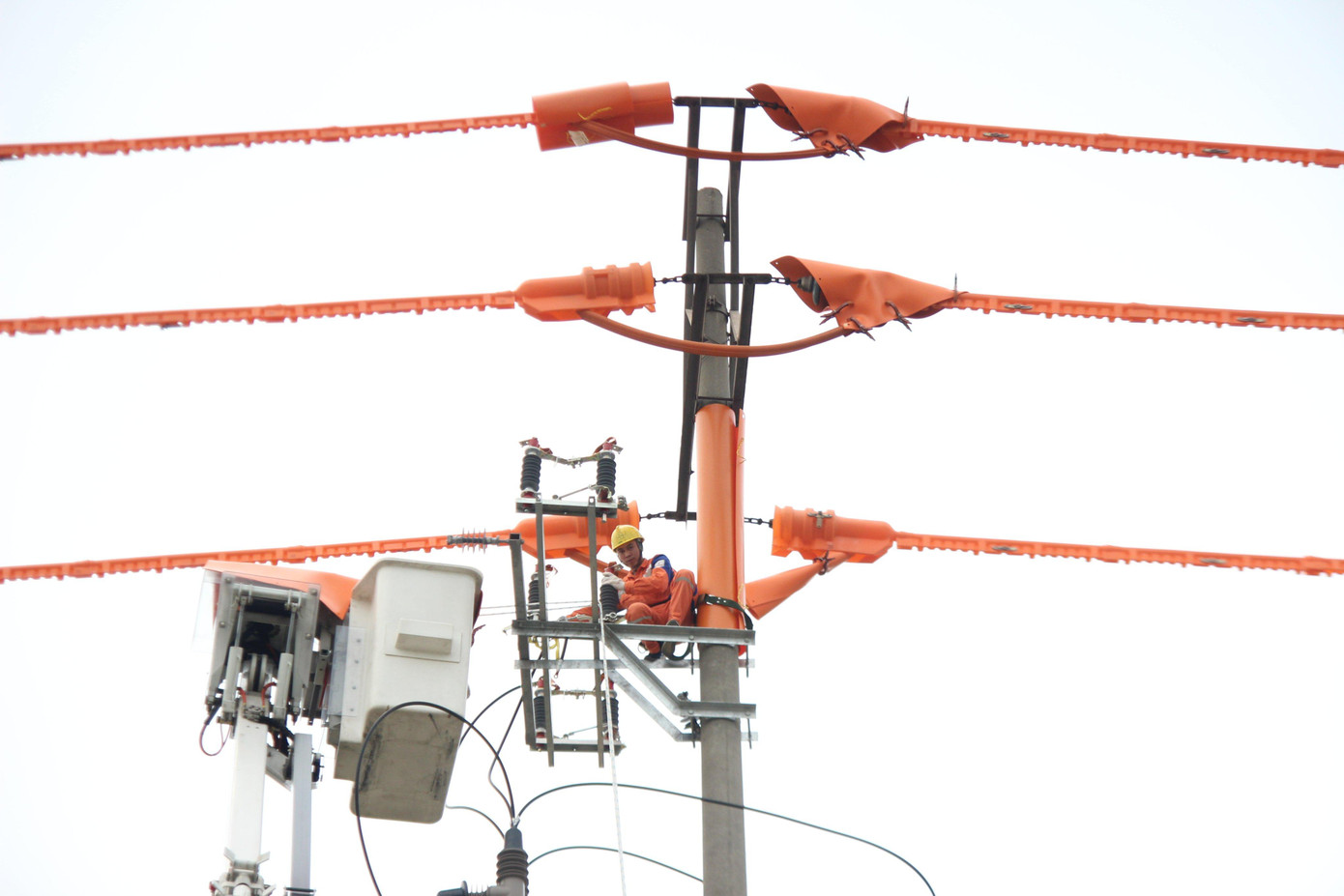 Công nhân điện lực thi công sửa chữa điện hotline