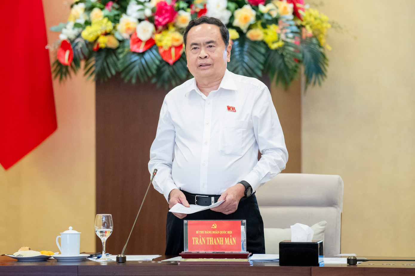 Chủ tịch Quốc hội Trần Thanh Mẫn phát biểu tại Hội nghị Đảng đoàn Quốc hội họp với Ban cán sự Đảng Chính phủ về Kỳ họp thứ 8. Ảnh: QH