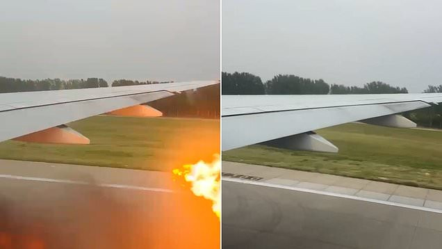 Khoảnh khắc kinh hoàng khi động cơ của một máy bay chở khách của hãng hàng không United Airlines bốc cháy khi cất cánh từ Trung Quốc. Ảnh: Daily mail.