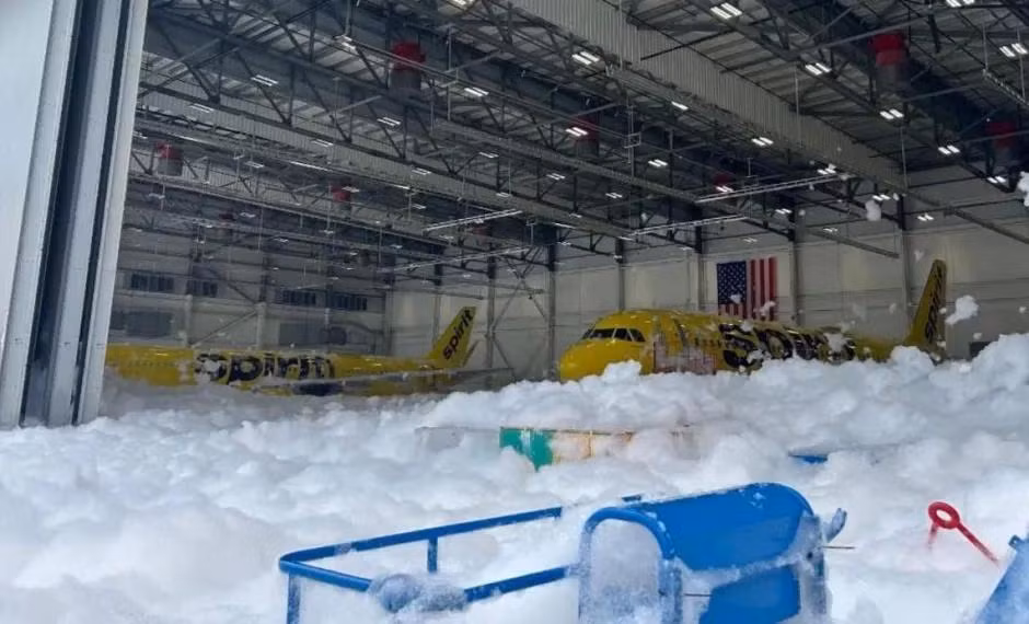 Hệ thống chữa cháy tự động bất ngờ kích hoạt, khiến ít nhất bốn máy bay của hãng Spirit Airlines bị bao phủ bởi lớp bọt dày đặc và bọt tràn cả ra đường băng.