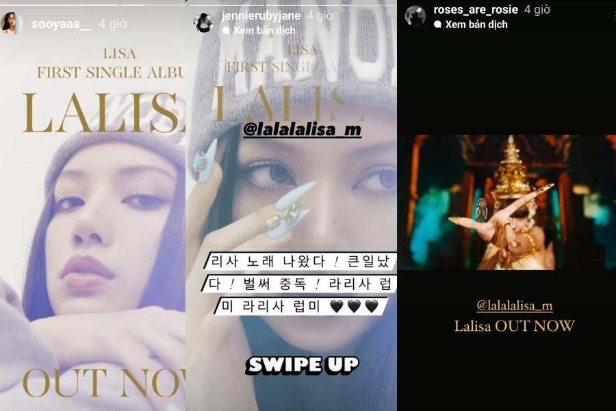 Jisoo, Jennie và Rosé (lần lượt từ trái qua phải) đều đồng loạt đăng story quảng bá cho MV LALISA. Jisoo, Jennie và Rosé (lần lượt từ trái qua phải) đều đồng loạt đăng story quảng bá cho MV LALISA.