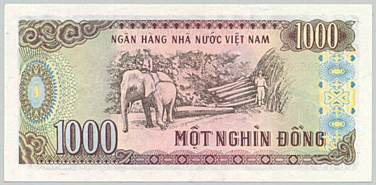 Trên mặt sau tờ 1.000 đồng là những người lao động đang cưỡi voi, khai thác gỗ tại Tây Nguyên, được phát hành năm 1989. Đồng tiền này hiện nay vẫn còn đang được lưu hành rộng rãi trên thị trường. Trên mặt sau tờ 1.000 đồng là những người lao động đang cưỡi voi, khai thác gỗ tại Tây Nguyên, được phát hành năm 1989. Đồng tiền này hiện nay vẫn còn đang được lưu hành rộng rãi trên thị trường.