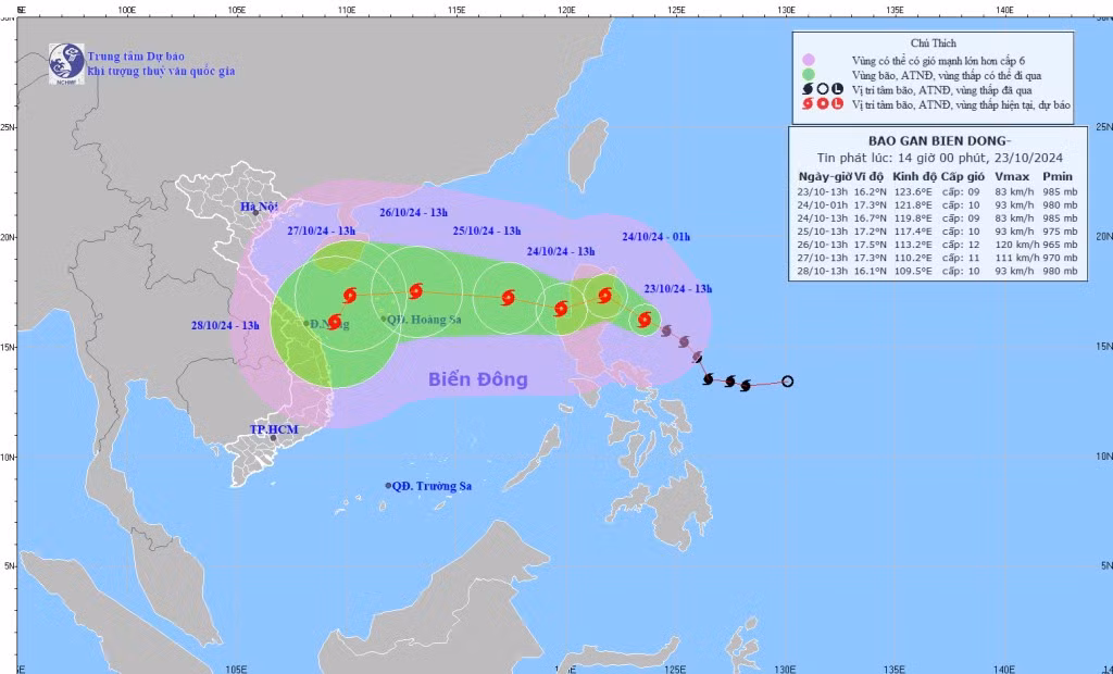 Đường đi của cơn bão TRAMI lúc 14h ngày 23/10. Nguồn: nchmf.gov.vn.