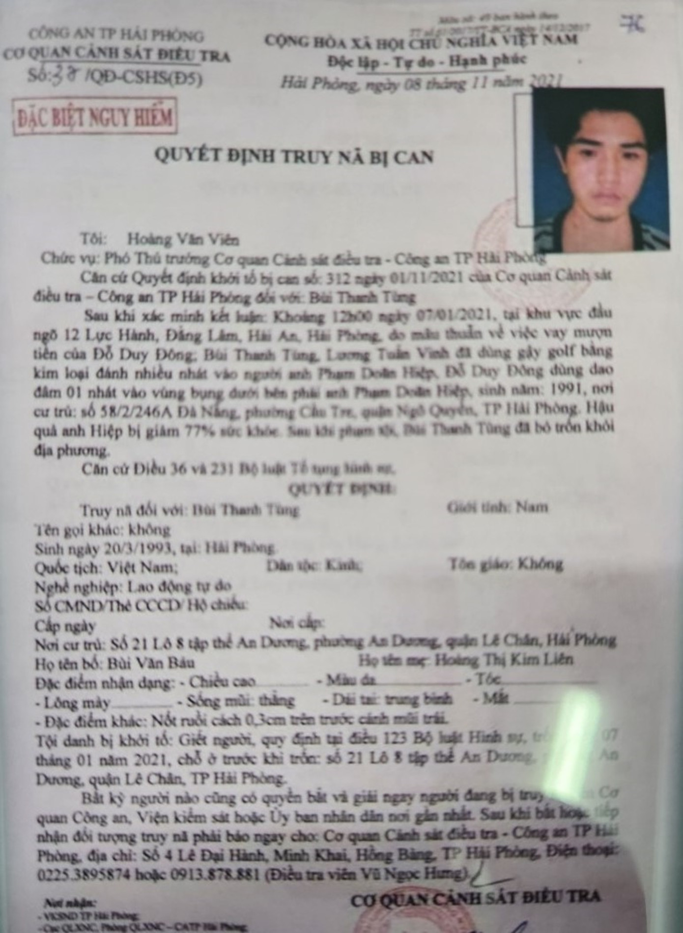 Các lực lượng chức năng đã bắt giữ Bùi Thanh Tùng theo Lệnh truy nã đặc biệt của Công an TP Hải Phòng.