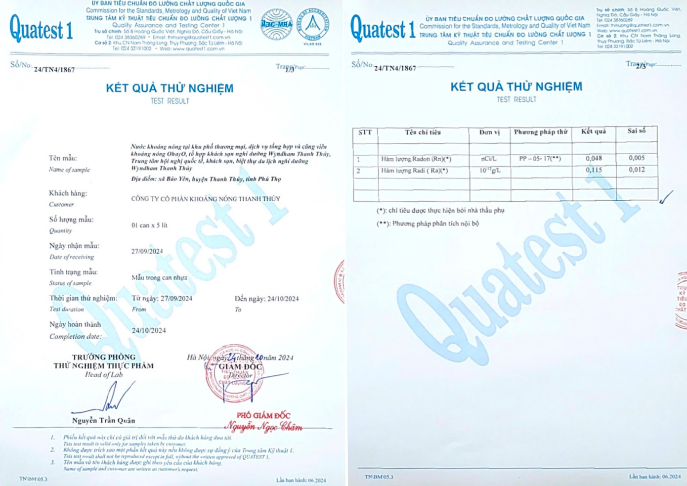 Khoáng nóng Thanh Thủy sở hữu tinh chất Radon quý hiếm được kiểm chứng chất lượng tại Tổng cục Tiêu chuẩn Đo lường Chất lượng của Bộ Khoa học và Công nghệ, chất lượng tương đương với nguồn khoáng nóng tại chân núi Phú Sĩ (Nhật Bản)