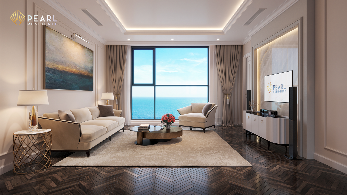 Phòng khách với cửa số lớn và view biển trực diện, tạo nên sự “đắt giá” cho không gian nghỉ dưỡng tại Pearl Residence Phòng khách với cửa số lớn và view biển trực diện, tạo nên sự “đắt giá” cho không gian nghỉ dưỡng tại Pearl Residence