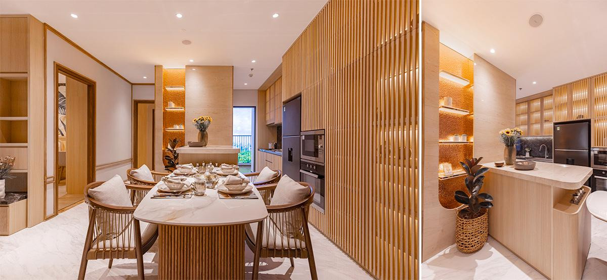 Khu vực bếp, bàn ăn rộng rãi được kết nối với lô gia vừa thông thoáng vừa dễ dàng kết nối với thiên nhiên Khu vực bếp, bàn ăn rộng rãi được kết nối với lô gia vừa thông thoáng vừa dễ dàng kết nối với thiên nhiên