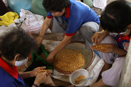 Ngũ cốc được chọn kỹ lưỡng trước khi bỏ vào các bao vải ngũ sắc