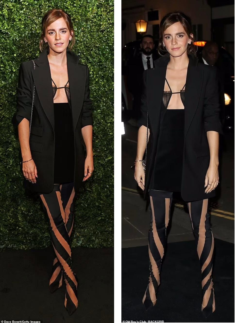 Tại sự kiện, Emma gây chú ý với "cây đen", gồm hai dây ngắn, áo blazer và boot đùi xuyên thấu. Thời trang "quên" nội y giúp "cô phù thủy nhỏ" trông gợi cảm và trưởng thành ở tuổi 32.