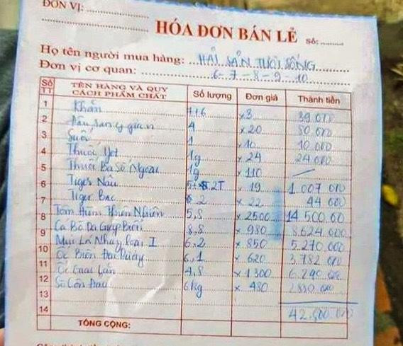 Hoá đơn bữa ăn hải sản 42,5 triệu đồng tại quán cô Sương Hoá đơn bữa ăn hải sản 42,5 triệu đồng tại quán cô Sương