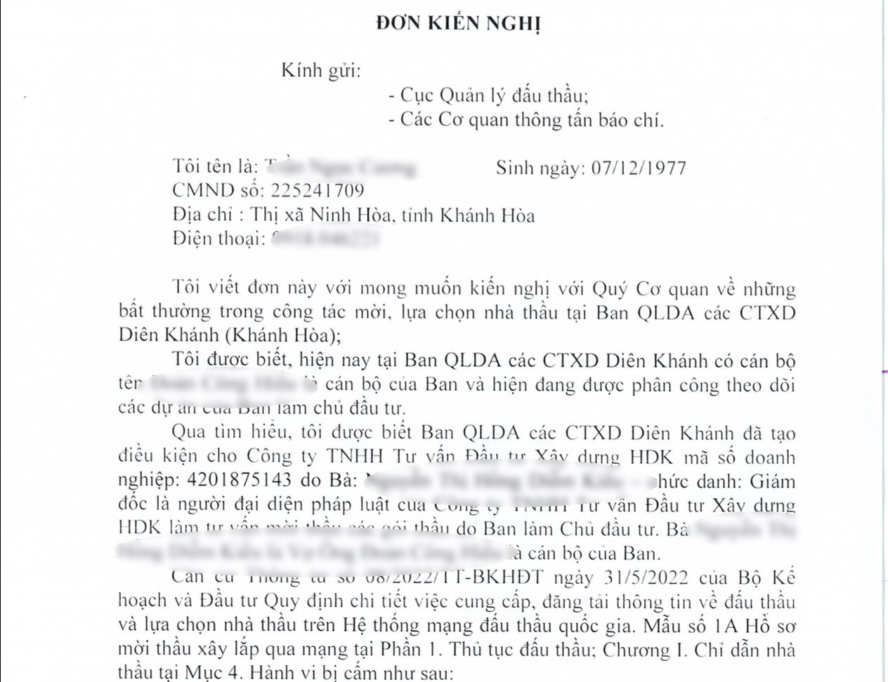 Đơn thư của người dân tố cán bộ Ban QLDAXD Diên Khánh quan hệ bất chính. Ảnh L.H Đơn thư của người dân tố cán bộ Ban QLDAXD Diên Khánh quan hệ bất chính. Ảnh L.H