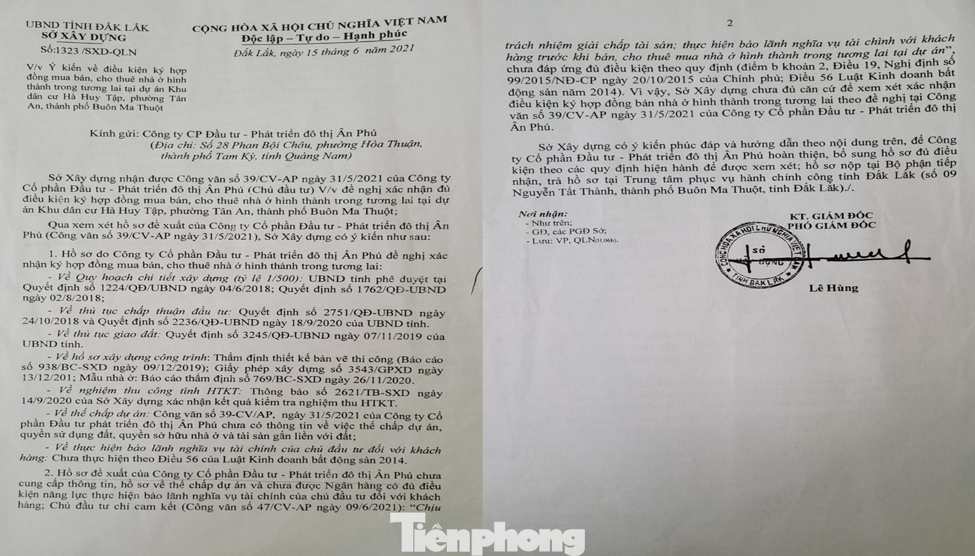 Công văn của Sở Xây dựng Đắk Lắk khẳng định Cty Ân Phú chưa đủ điều kiện ký hợp đồng bán nhà ở hình thành trong tương lai