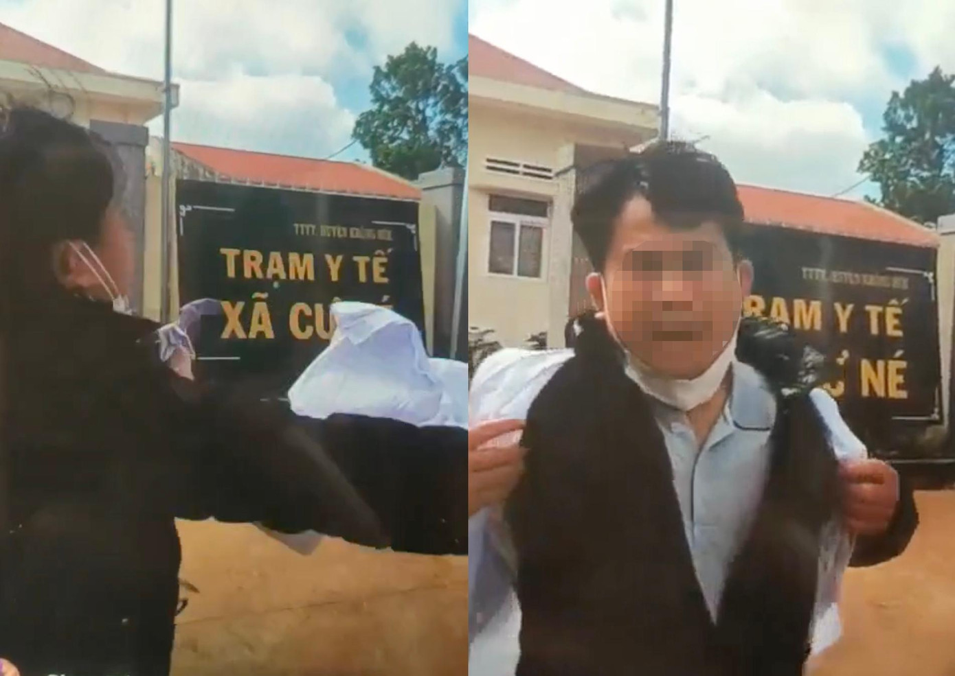 Ông Thái xé áo blouse trắng trước đơn vị mình công tác. Ảnh cắt từ video