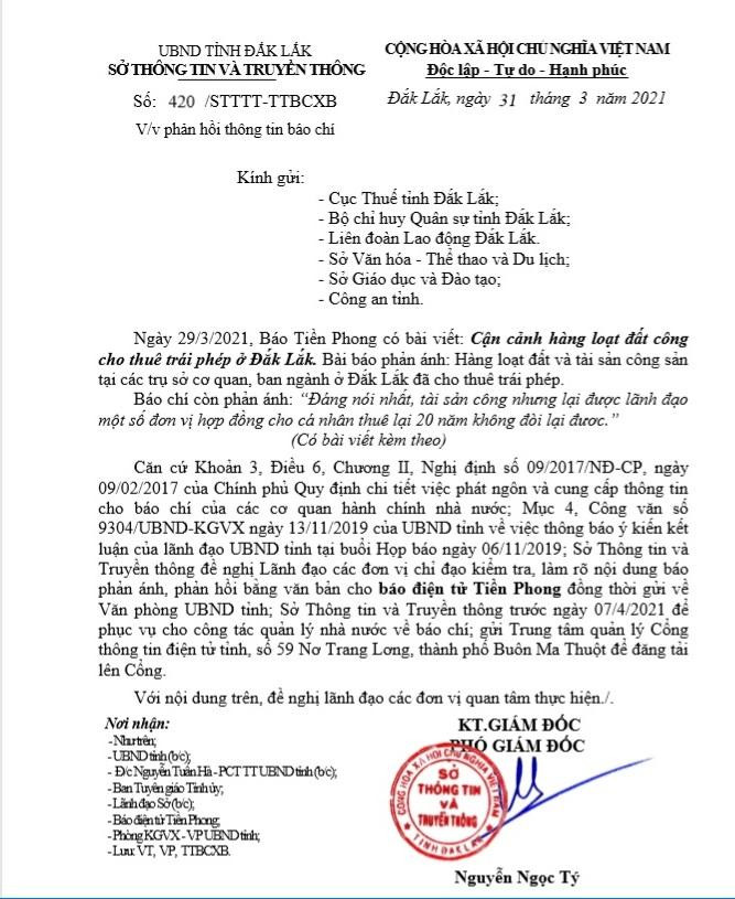 Văn bản của Sở Thông tin &amp; Truyền thông tỉnh Đắk Lắk