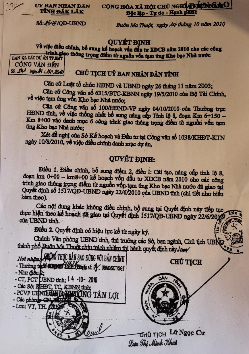 Văn bản liên quan đến dự án cải tạo, nâng cấp Tỉnh lộ 8