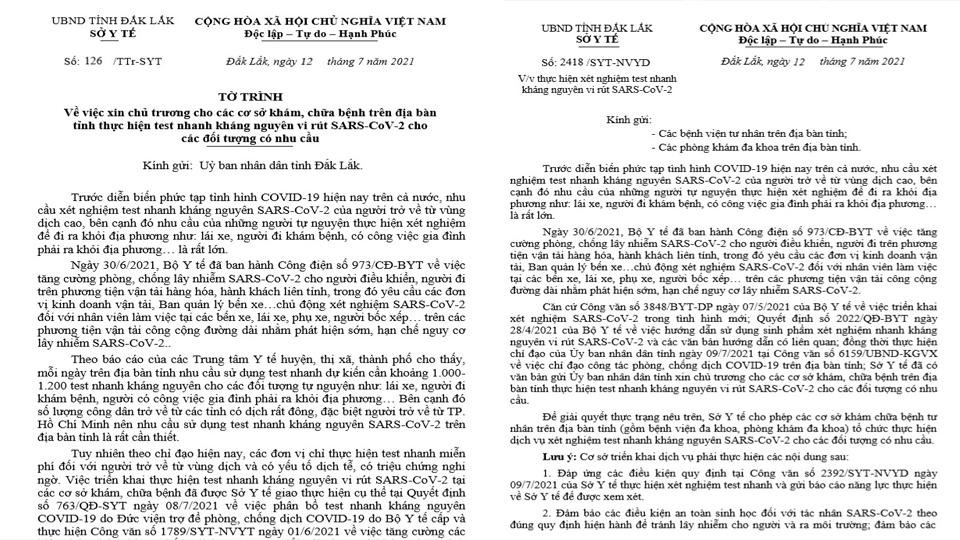 Tờ trình xin chủ trương và văn bản cho phép tư nhân làm dịch vụ xét nghiệm test nhanh của Sở Y tế Đắk Lắk ban hành trong 1 ngày