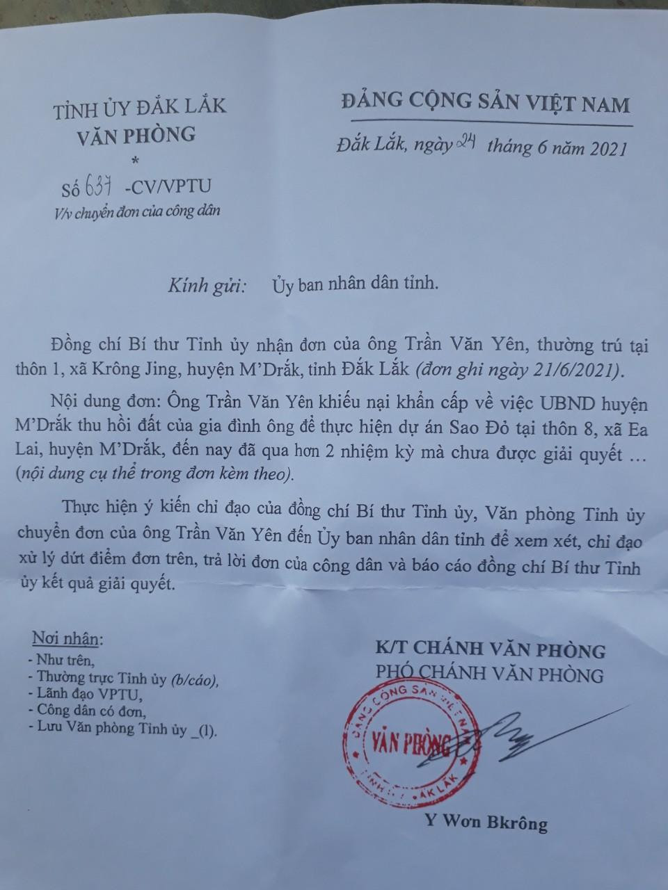 Công văn của Văn phòng Tỉnh ủy Đắk Lắk