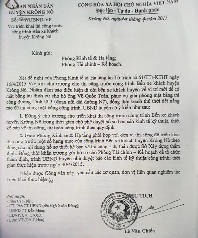Văn bản chỉ đạo của UBND huyện Krông Nô làm bến xe