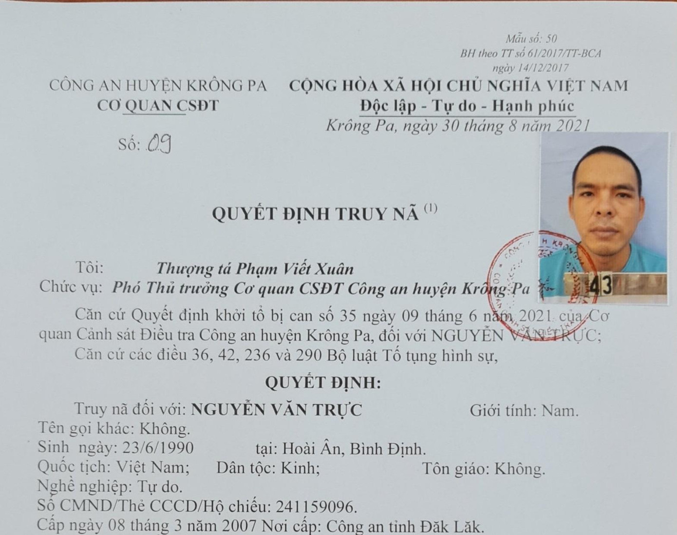 Quyết định truy nã Nguyễn Văn Trực