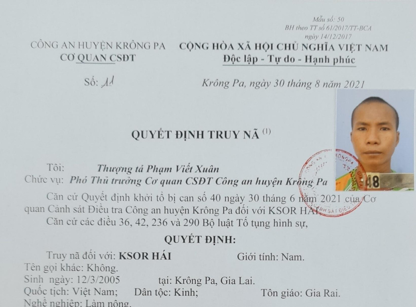 Quyết định truy nã Ksor Hái