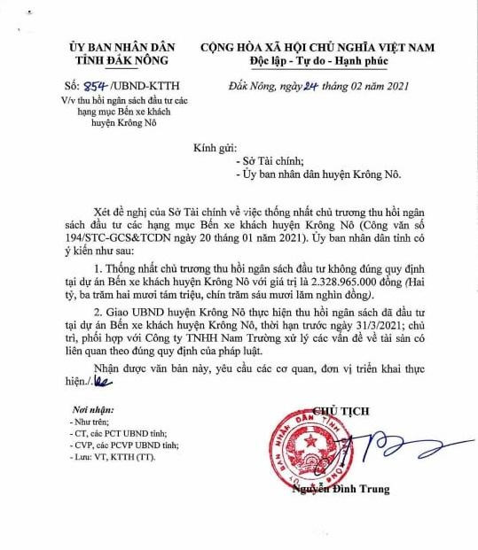 Chủ tịch UBND tỉnh Đắk Nông Nguyễn Đình Trung chỉ đạo UBND huyện Krông Nô thu hồi hơn 2,3 tỷ đồng đã đầu tư cho doanh nghiệp làm bến xe trái quy định