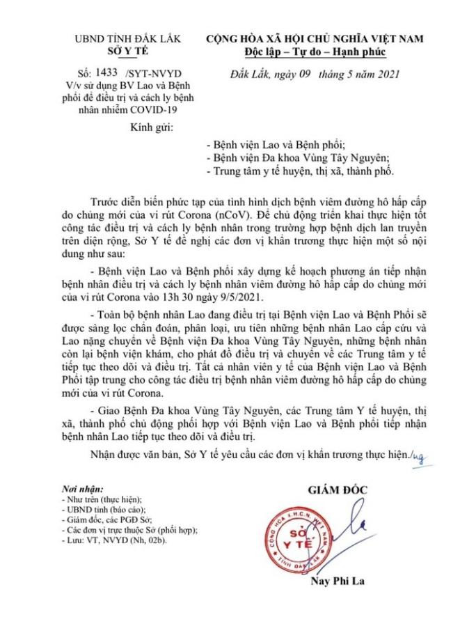 Sở Y tế Đắk Lắk chỉ đạo Bệnh viện lao và bệnh phổi tiếp nhận và điều trị ca bệnh