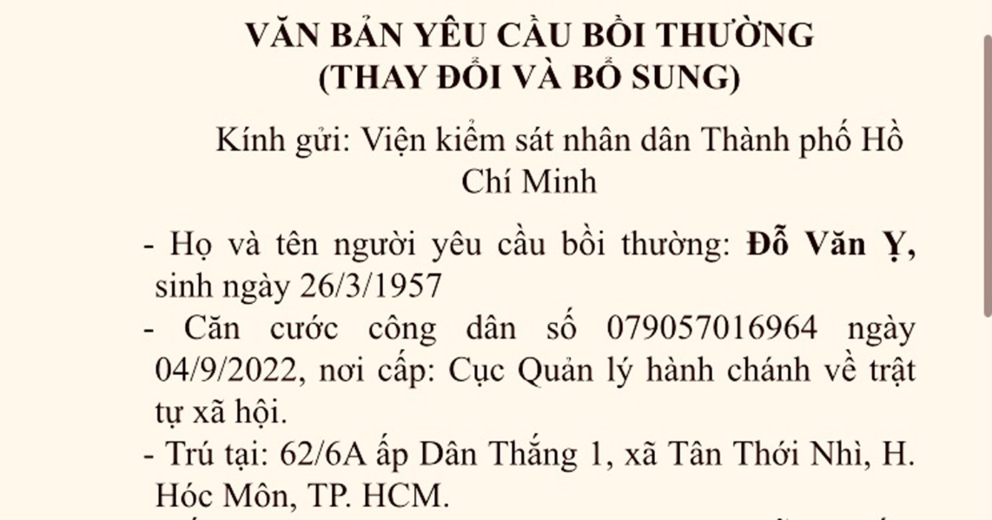 Đơn yêu cầu bồi thường của ông Đỗ Văn Ỵ. Ảnh: Tân Châu