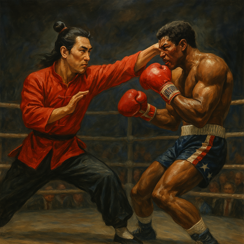 “Võ sĩ” Trung Quốc và “võ sĩ” Mỹ trên sàn đấu. Minh họa: Thái An. “Võ sĩ” Trung Quốc và “võ sĩ” Mỹ trên sàn đấu. Minh họa: Thái An.