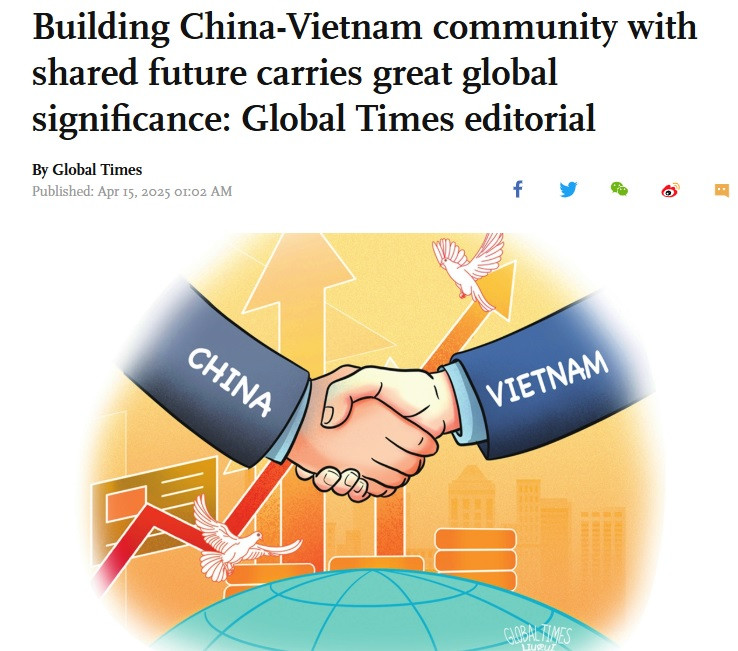 Global Times ngày 15/4 đăng bài xã luận: “Xây dựng cộng đồng chia sẻ tương lai Trung Quốc - Việt Nam có ý nghĩa toàn cầu to lớn” (Ảnh chụp màn hình). Global Times ngày 15/4 đăng bài xã luận: “Xây dựng cộng đồng chia sẻ tương lai Trung Quốc - Việt Nam có ý nghĩa toàn cầu to lớn” (Ảnh chụp màn hình).